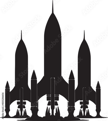 Set of rocket vector icons. Launch spaceship or spacecraft. Rocket fast flying for space. New business start up.