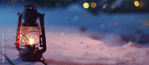 Cozy Christmas Eve: Flickering Lamp, Blue Tones, Falling Snow. Perfect for winter projects, holiday greetings, and background footage