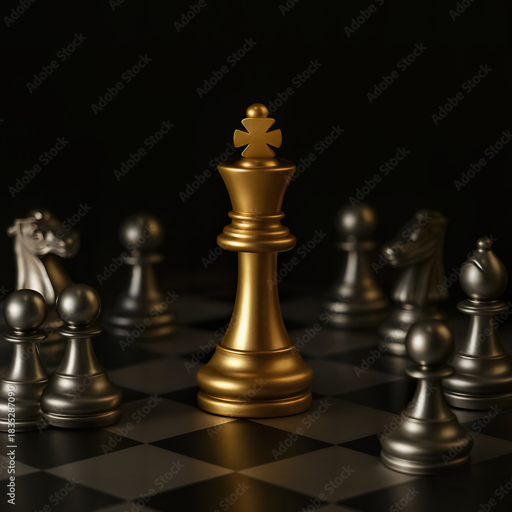 Obraz premium Golden chess king standing among silver pawns AI generated