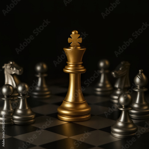 Golden chess king standing among silver pawns AI generated