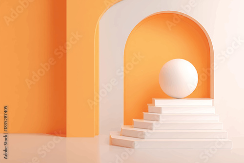 Minimalist stage design geometric shapes white staircase orange sphere