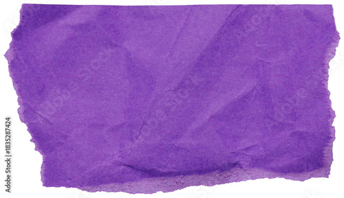 Isolated piece of crumpled rich purple paper with torn edges, scrap for collage design