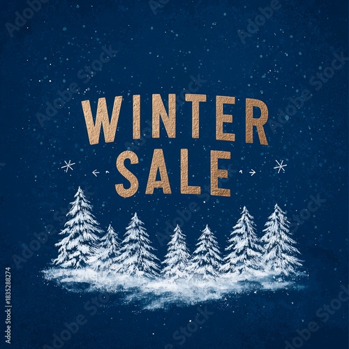 Winter sale banner with snowy pine trees and blue textured background