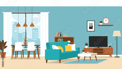 Stylish living room interior design with modern furniture and city view, creating a cozy and inviting atmosphere, perfect for home decor inspiration
