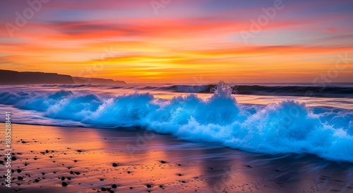 Fototapeta Naklejka Na Ścianę i Meble -  Vibrant sunset over a crashing ocean wave on a pebble beach