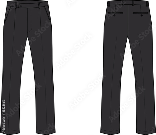 Black formal trousers illustration, tailored men’s pants front and back view, classic fashion garment template, detailed vector apparel design