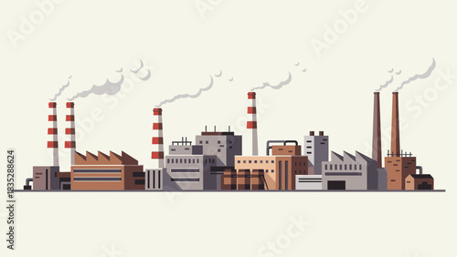 Clean energy future envisioned with modern factory landscape, chimneys releasing steam, showing industrial architecture and environmental impact solutions