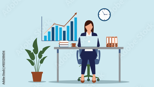 Professional businesswoman analyzes growth charts at office desk, a modern workspace showcasing productivity, efficiency, and data-driven success in business