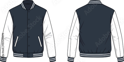 Classic varsity jacket illustration, front and back view, two-tone letterman style outerwear, fashion garment template, stylish sportswear vector
