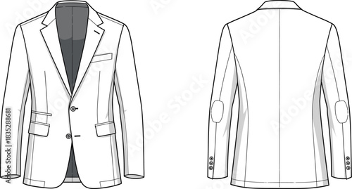 Elegant men’s blazer illustration, formal jacket front and back view, tailored fashion template, classic suit coat design vector