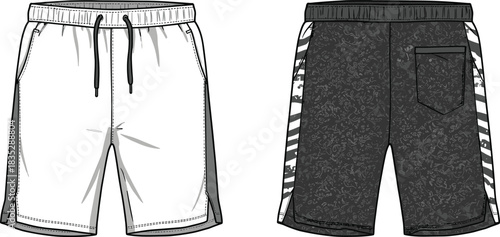 Patterned athletic shorts illustration with striped side panels, front and back view, casual sportswear template, drawstring waist garment vector
