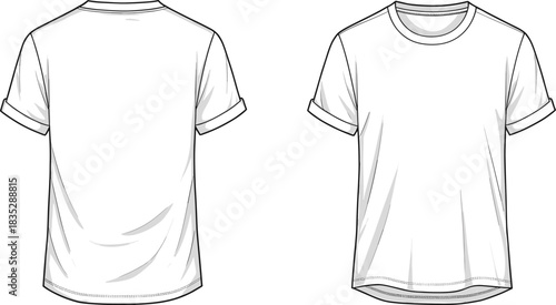 Plain T-shirt illustration with rolled sleeves, front and back view, classic casual tee template, clean fashion garment vector design