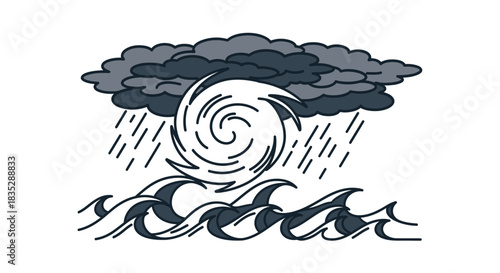 Stylized depiction of a hurricane over the ocean with rain and dark clouds warning signs