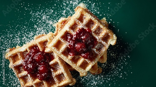 Flat lay of Belgian waffles topped with berry compote and powdered sugar on a matte forest-green backdrop, wide upper negative space