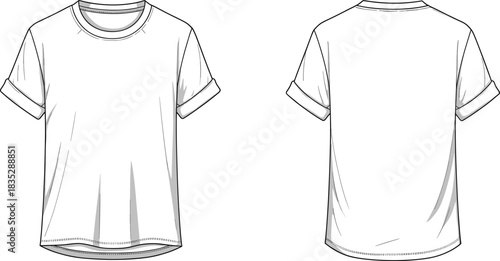 Rolled sleeve T-shirt illustration, front and back view, classic casual tee template with neckline stitch details, fashion garment vector