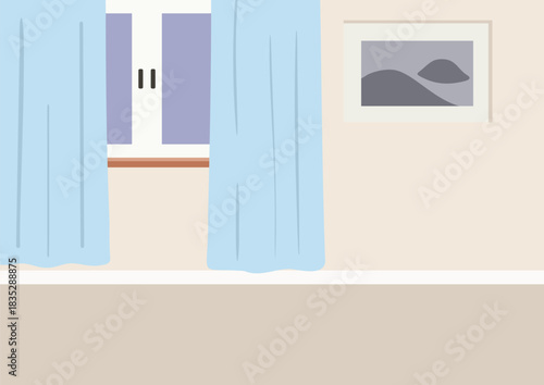 Empty room interior with light blue curtains partially covering a window and a picture frame on the wall. Minimalist home design.