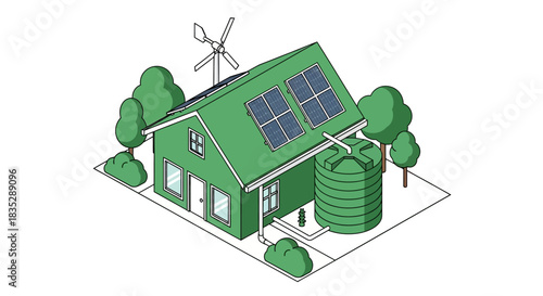 Sustainable living model of a green house with alternative energy sources displayed