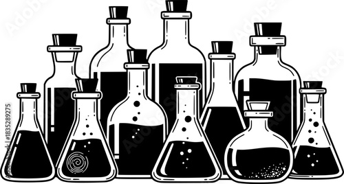 Outlined vector illustration of assorted glass bottles filled with liquid for alchemy or science