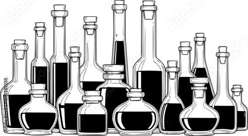 Outlined vector illustration of assorted glass bottles filled with liquid for alchemy or science