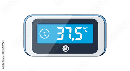 Stylized digital thermometer illustration displaying a temperature of 37.5 degrees celsius