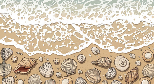 Artistic Seashell Arrangement on Sandy Beach Meets Gentle Ocean Waves Drawn with Detailed Lines