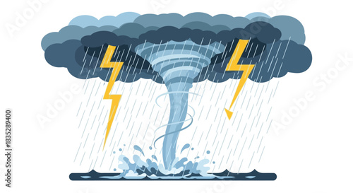 Dramatic storm scene with a swirling tornado touching down on the ocean surface