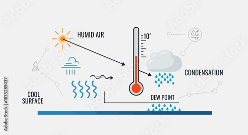 Illustration depicting the atmospheric science concept of dew point formation process and