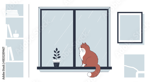Indoor scene with a feline companion contemplating the world from a windowsill sanctuary