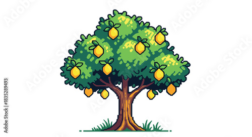 Charming pixel art illustration of a lush lemon tree with bright yellow citrus fruits and green leaves isolated on a white background.
