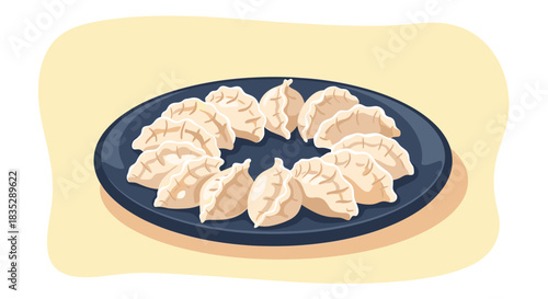 Delicious plate of freshly cooked Asian dumplings known as gyoza or jiaozi arranged neatly in a circle on a dark plate.