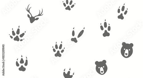 Wildlife tracking pattern featuring an array of paw prints, deer head and bear face silhouette