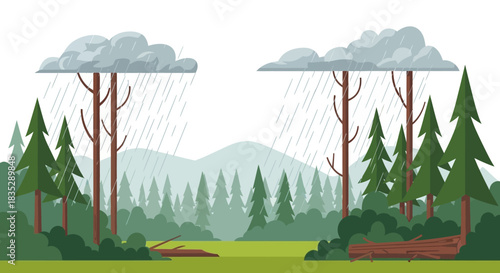 Gloomy cartoonish forest scene during a rainstorm with mountain silhouettes visible and fallen trees