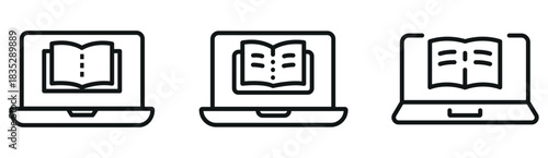 Laptop with Book Icon Set – Modern Education, E-Learning, Study Tools & Digital Learning Icons