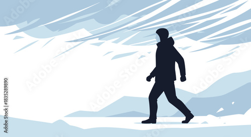 Silhouette of a lone hiker trekking through a stylized snow landscape in minimal art style