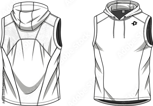 Sleeveless performance hoodie illustration with textured mesh back, front and back view, athletic sportswear template, drawstring hood garment vector