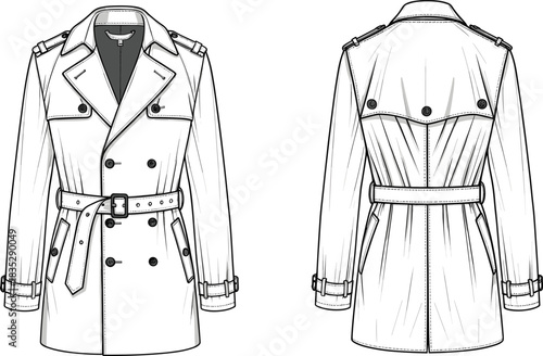 Trench coat fashion template, double breasted outerwear illustration, belted coat vector, technical garment drawing front and back