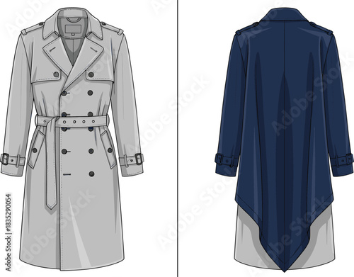 Trench coat fashion template, double breasted outerwear vector, belted coat illustration, asymmetrical hem design, garment drawing