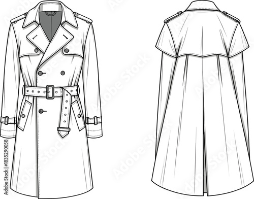 Trench coat fashion template, double breasted outerwear illustration, belted coat vector, storm flap design, technical garment drawing