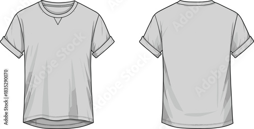 T-shirt illustration with rolled sleeves and V-stitch detail, front and back view, casual fashion garment template, vector design