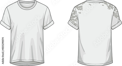 T-shirt illustration with camo sleeves, front and back view, stylish short sleeve tee template, fashion garment vector design artwork