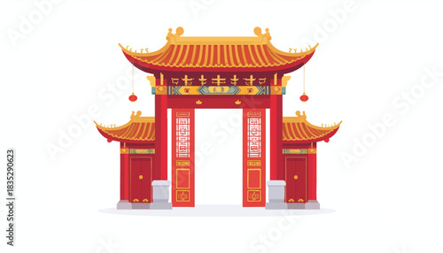 Traditional Chinese Gate Archway Vector Illustration. Auspicious Red Structure with Golden Roofs for Cultural Festivals, Temples, Chinese New Year, and Asian Heritage Designs