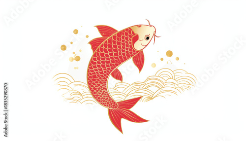 Vibrant red koi fish illustration jumping from golden waves with abstract dots. A symbol of luck, prosperity, and perseverance in traditional Asian culture.