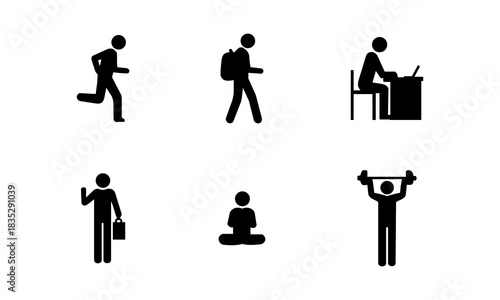 A set of simple black human icons illustrating daily activities, including running, walking with a backpack, working at a desk, waving while carrying a briefcase, meditating, and lifting weights.