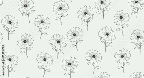 Seamless repeating pattern featuring delicate hand-drawn botanical illustrations of flowers with a stippled texture on a light gray backdrop.