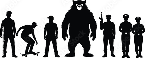 Silhouette lineup featuring skateboarder, monster mascot, armed soldier, police officers, diverse character illustration set, mixed activities artwork for creative themes
