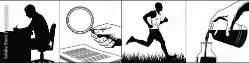 Silhouette research scenes, studying writer, magnifying glass inspection, athlete running outdoors, laboratory pouring experiment, scientific analysis illustration, diverse activity concept artwork