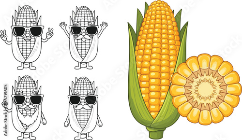 Cute corn cartoon characters, sunglasses vegetable mascots, maize illustration, fresh corn cob, sliced kernel detail, fun food design, playful agriculture artwork