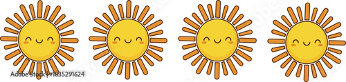 Cute smiling sun icons, happy sunshine characters, adorable cartoon sun design, bright cheerful illustration set, playful weather symbol artwork collection
