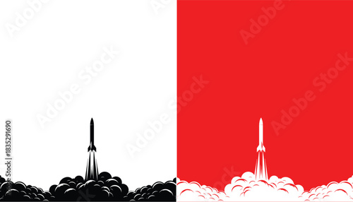 Rocket Taking Off with a powerful exhaust Smoke Clouds vector illustration isolated on a white background