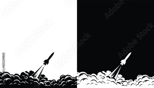 Rocket Taking Off with a powerful exhaust Smoke Clouds vector illustration isolated on a white background